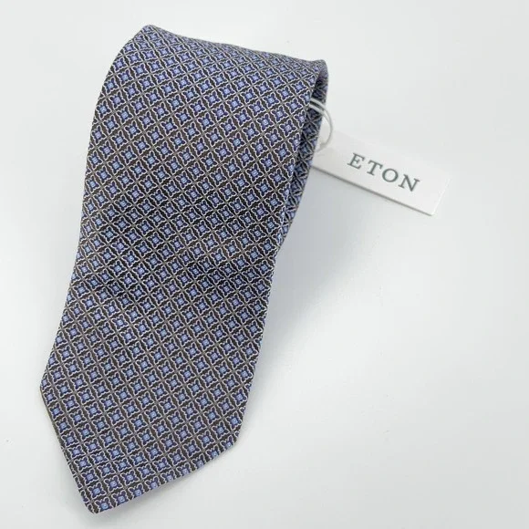 Eton Tie Mens Brown Blue Geometric 100% Silk Made‎ Italy Formal Necktie NWT